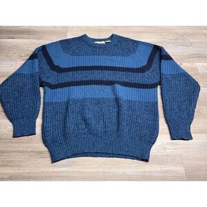 Vintage Chunky Knit Sweater St Johns Bay Blue Retro Stripe Acrylic Sz L Pullover